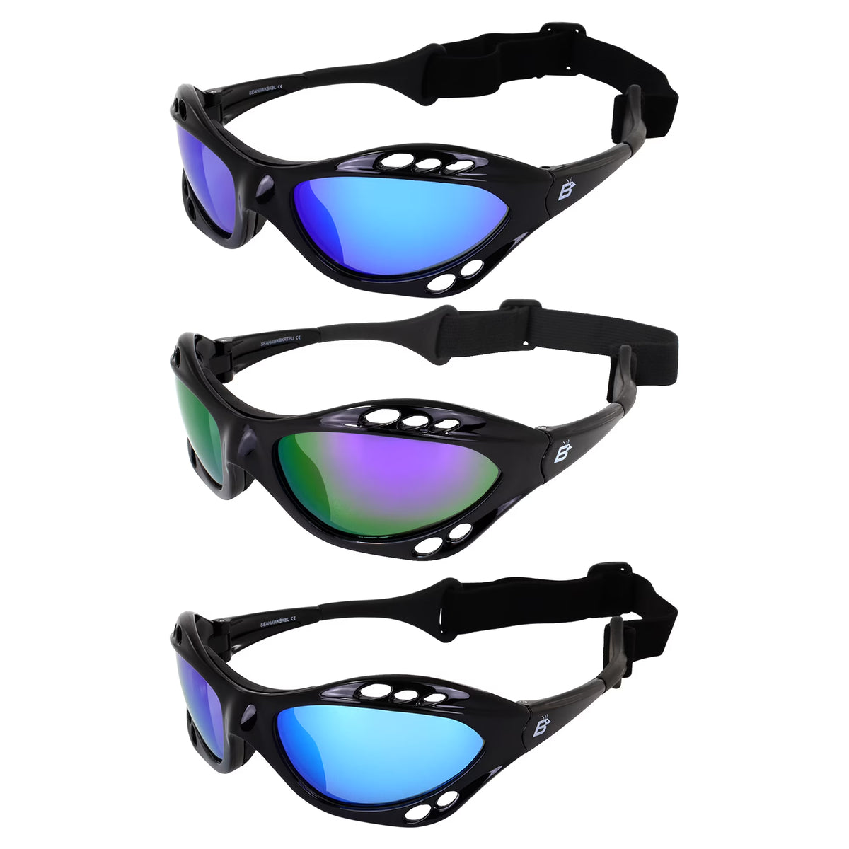 3 Pairs Padded Polarized Sunglasses with Strap Black Frame Blue Purple Green Mirror Lenses R939