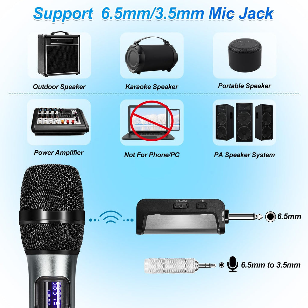 Wireless Handheld Dynamic Cordless Microphone with Rechargeable Bluetooth Receiver, UHF 200 FT Range, 6.5mm/3.5mm Output M9405