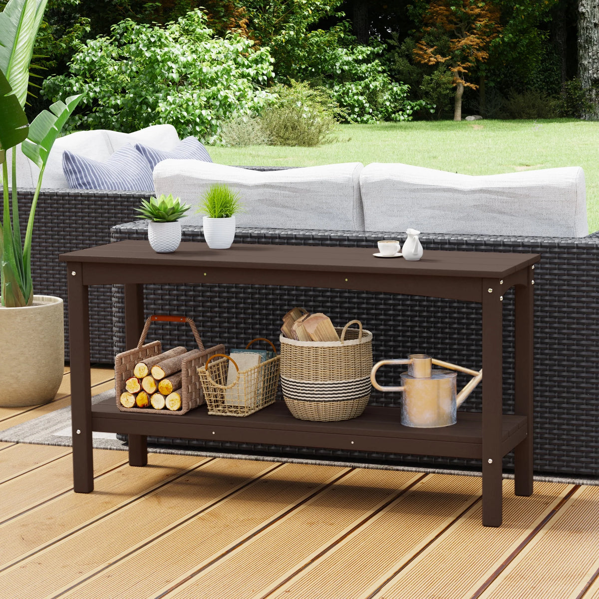 55" Outdoor HDPE 2-Tier Console Table, Dark Brown H15588