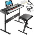 61-Key Digital Electronic Keyboard Piano with Light Up Keys, Stand, Bench, Headphones, Mic and Keynote Stickers M838559