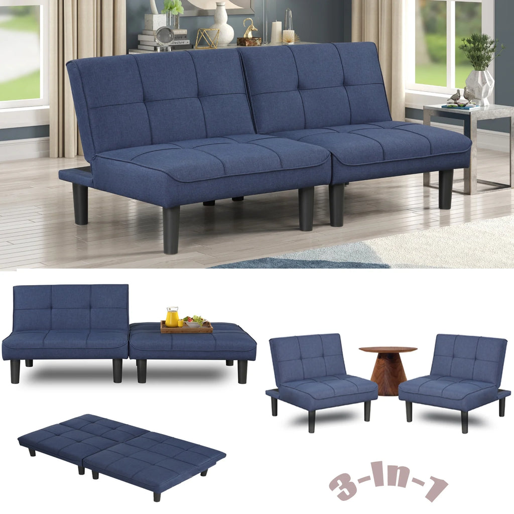 Dark Blue Fabric Convertible Futon Sofa Bed E6135