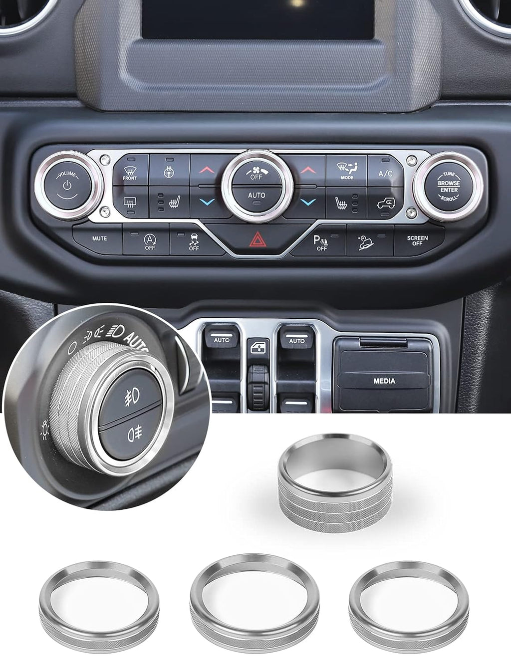 HVAC Climate Control Panel Knob Trim Kit & Light Control Switch Cover, Aluminum Alloy Ring I69996