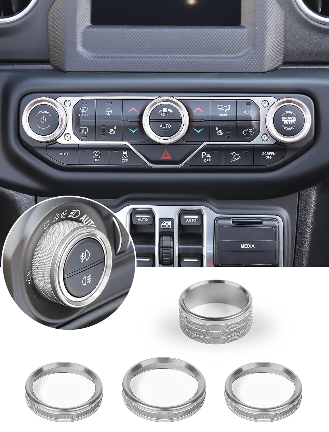 HVAC Climate Control Panel Knob Trim Kit & Light Control Switch Cover, Aluminum Alloy Ring I69996