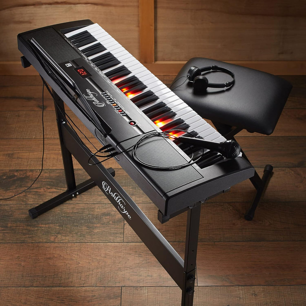 61-Key Digital Electronic Keyboard Piano with Light Up Keys, Stand, Bench, Headphones, Mic and Keynote Stickers M838559
