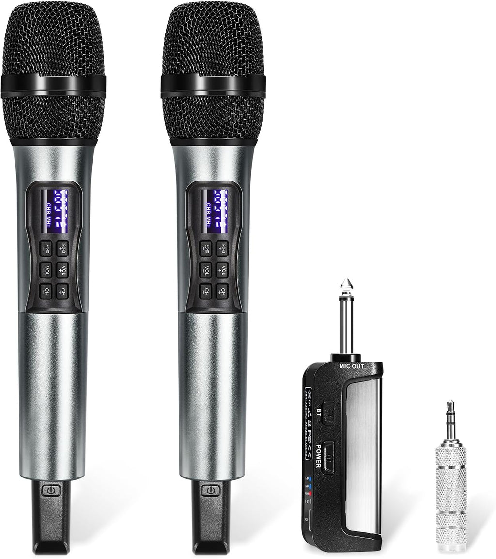 Wireless Handheld Dynamic Cordless Microphone with Rechargeable Bluetooth Receiver, UHF 200 FT Range, 6.5mm/3.5mm Output M9405