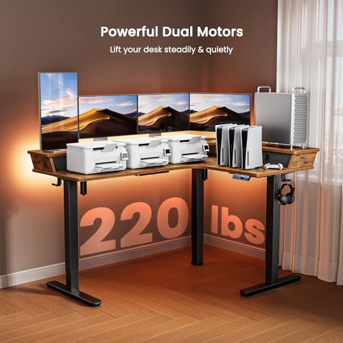 Electric L Shaped Standing Desk, 65'' Height Adjustable Corner Desk with Storage Drawers, Black O855323
