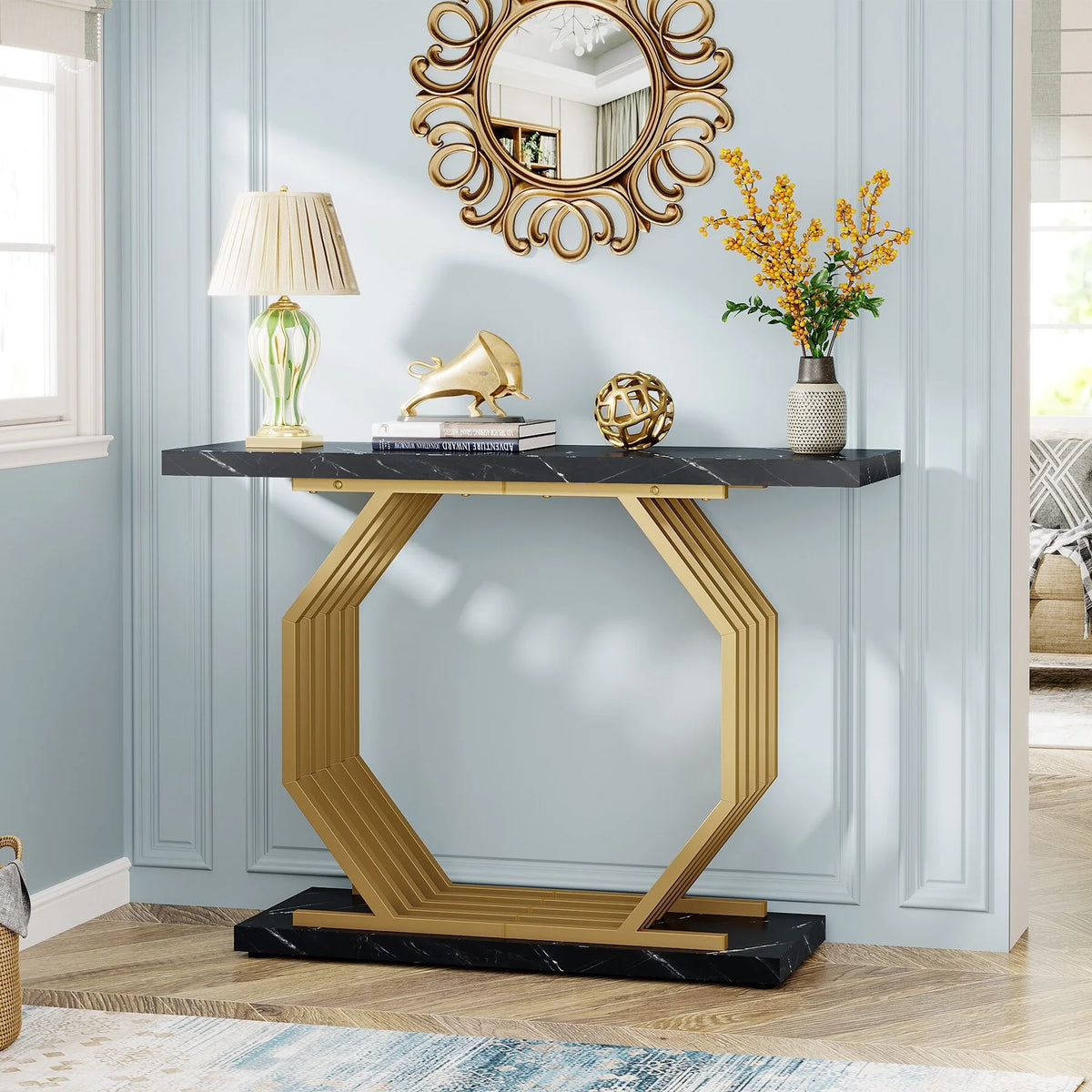 Gold Console Table with Geometric Metal Base J9802