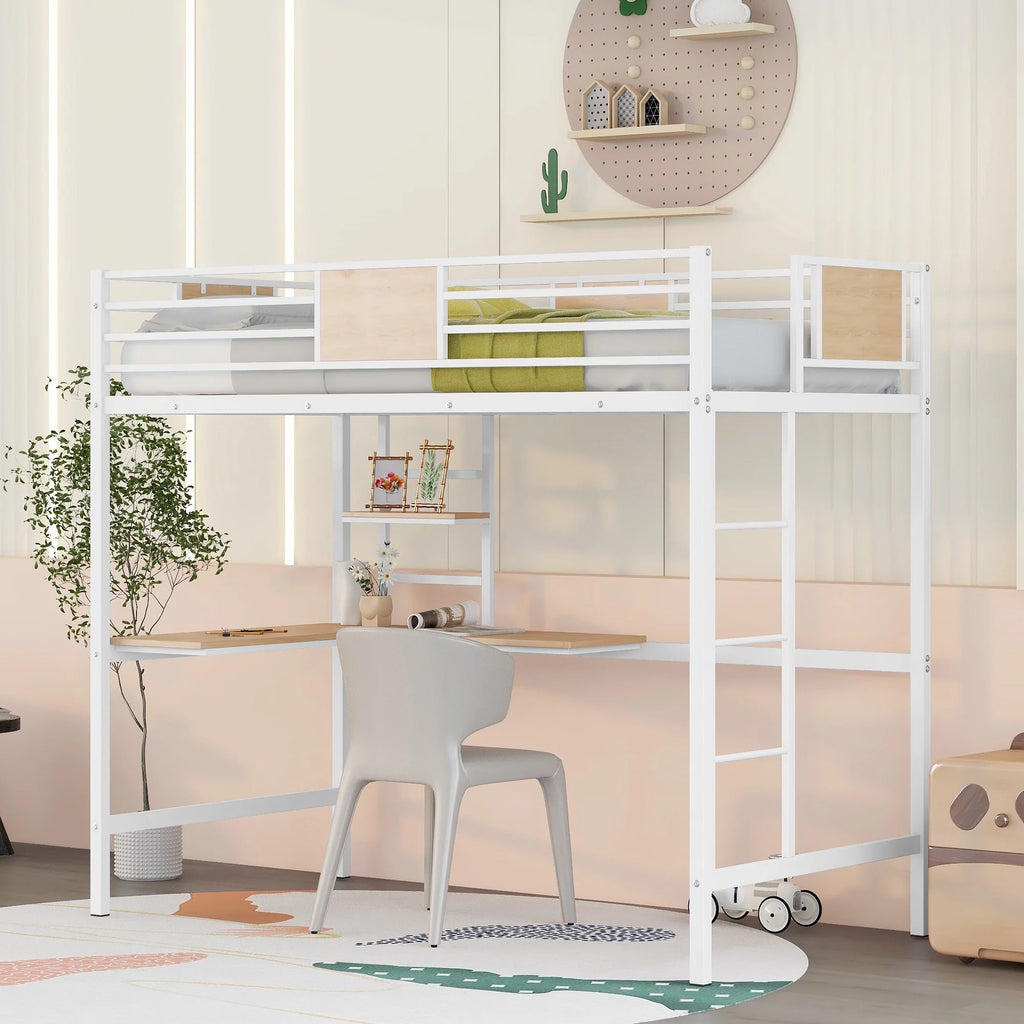 Metal Loft Bed with Desk and Shelve White G319