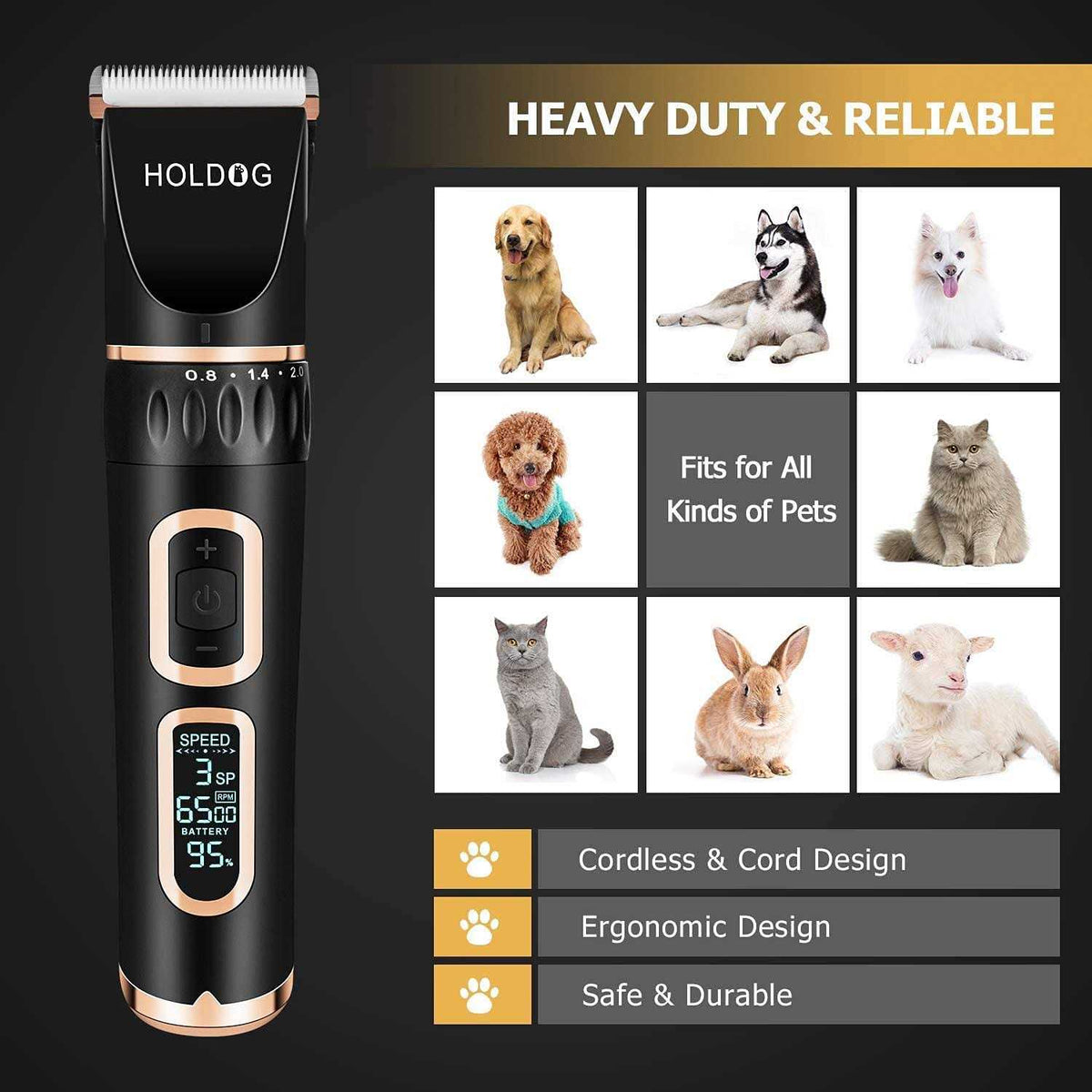 Heavy Duty Dog Grooming Clipper 3-Speed Rechargeable Cordless Pet Grooming Tools E9601
