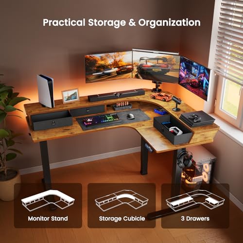 Electric L Shaped Standing Desk, 65'' Height Adjustable Corner Desk with Storage Drawers, Black O855323