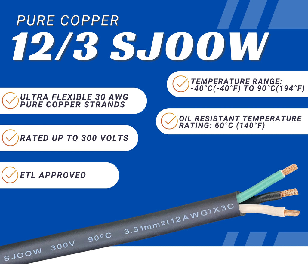 25 Feet 12 Gauge 3 Conductor Black SJOOW Cable R361