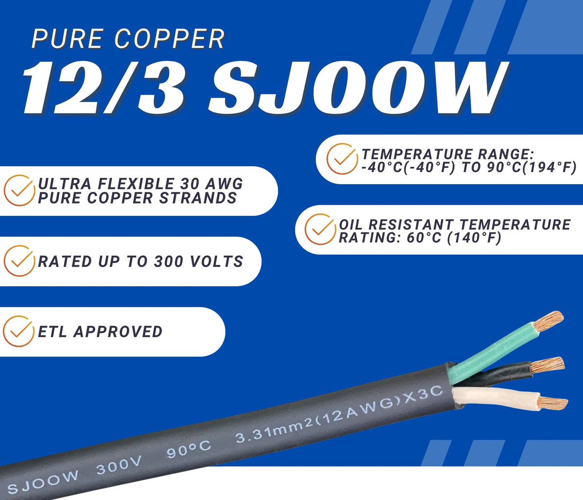 25 Feet 12 Gauge 3 Conductor Black SJOOW Cable R361