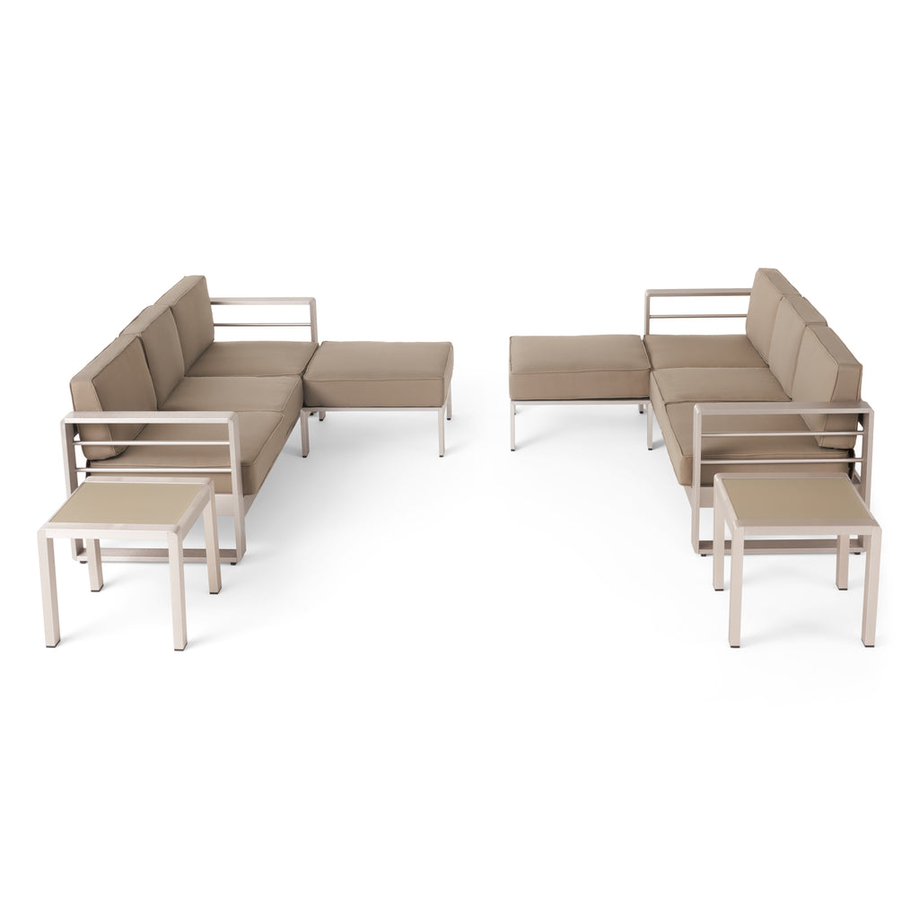 6 Seater Aluminum Sofa and Ottoman Set with Side Tables, Silver and Khaki B188