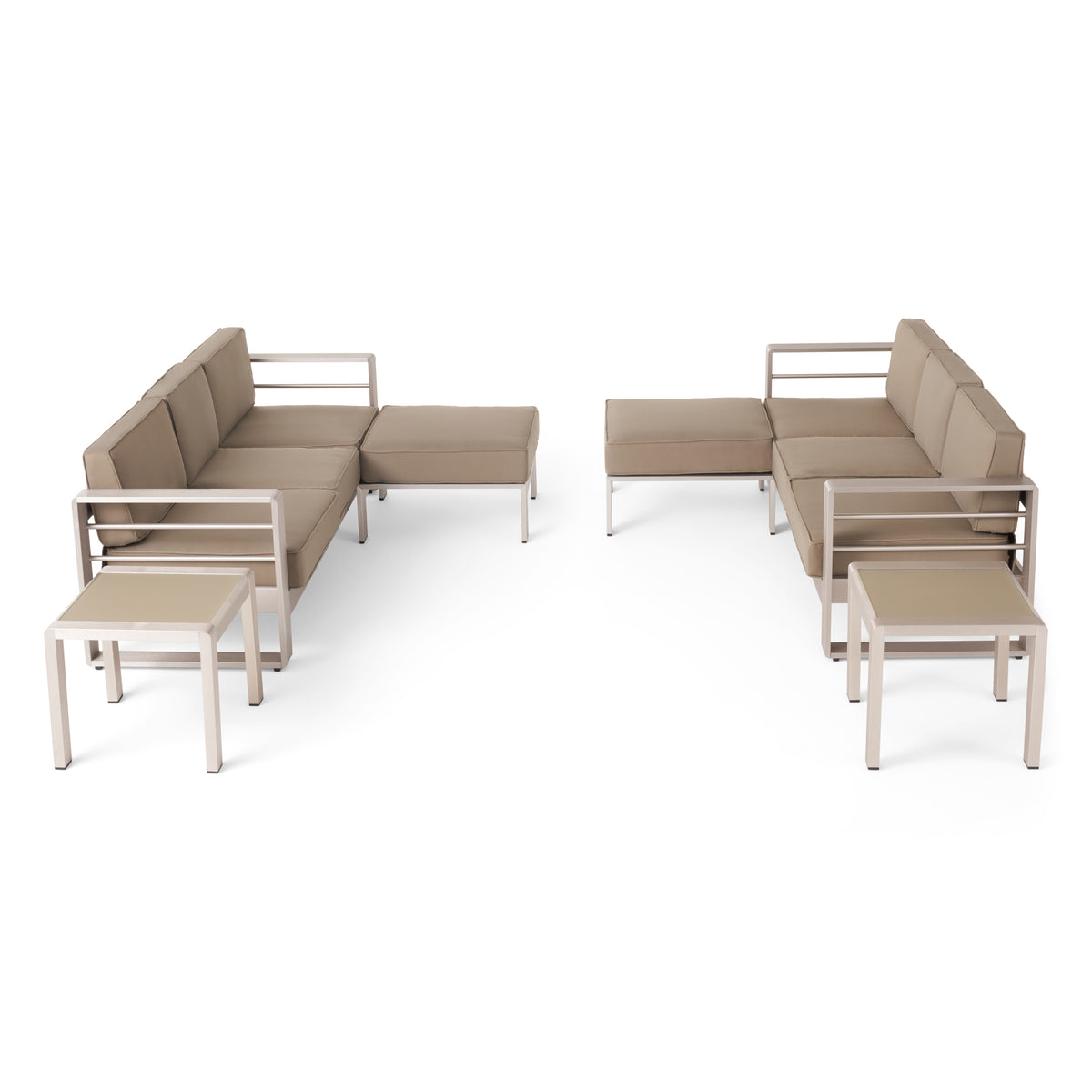 6 Seater Aluminum Sofa and Ottoman Set with Side Tables, Silver and Khaki B188