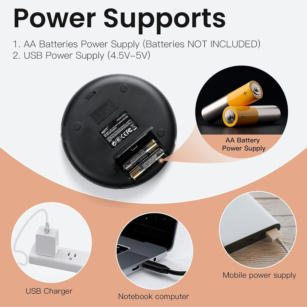 Black Portable CD Player with Headphones USB AUX Output K3580