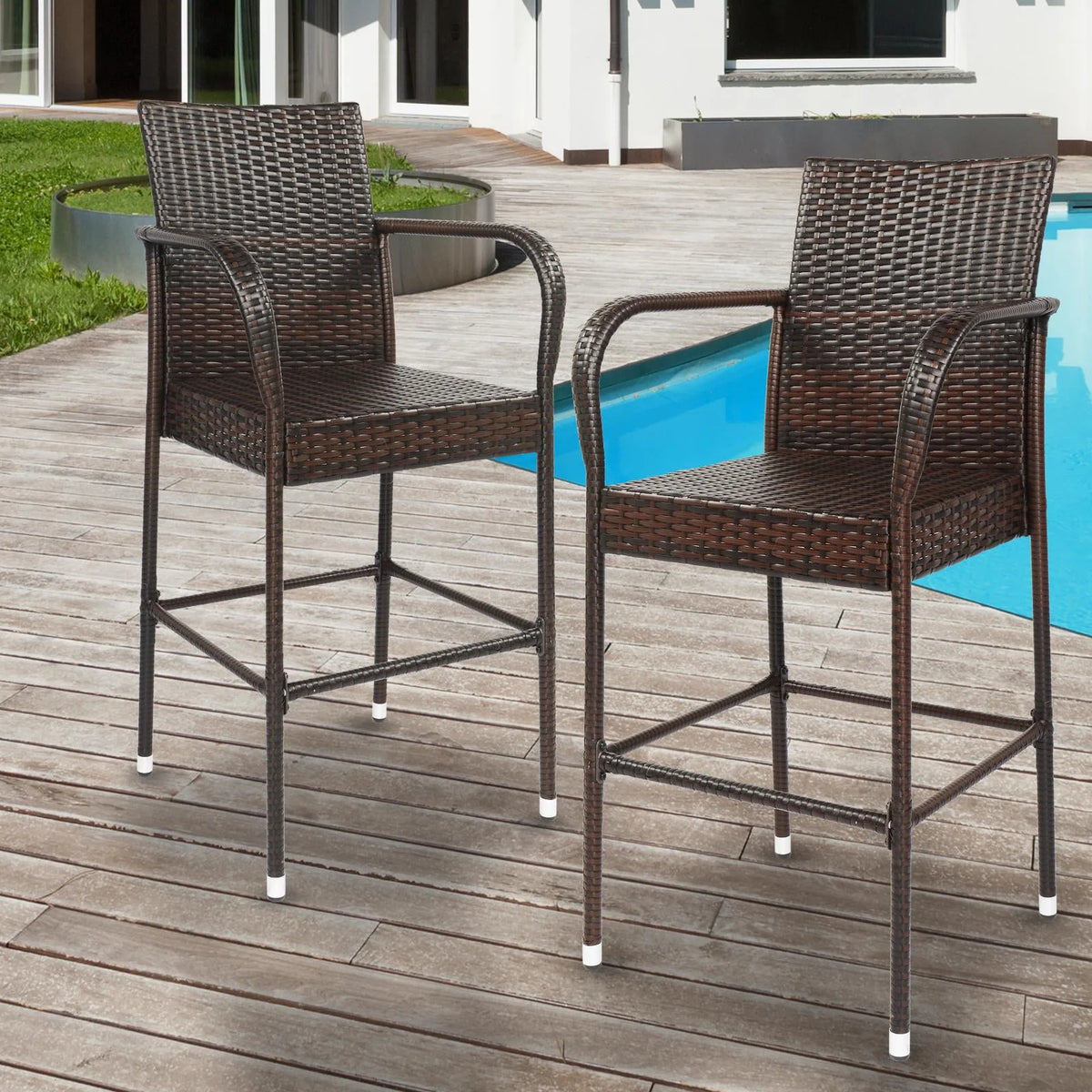 Brown Gradient Wicker Rattan Bar Stools with Footrest T780