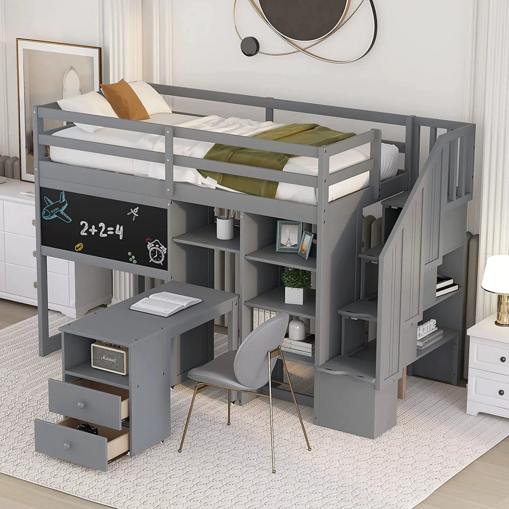 Grey Twin Size Wood Loft Bed with Desk and Storage I8250