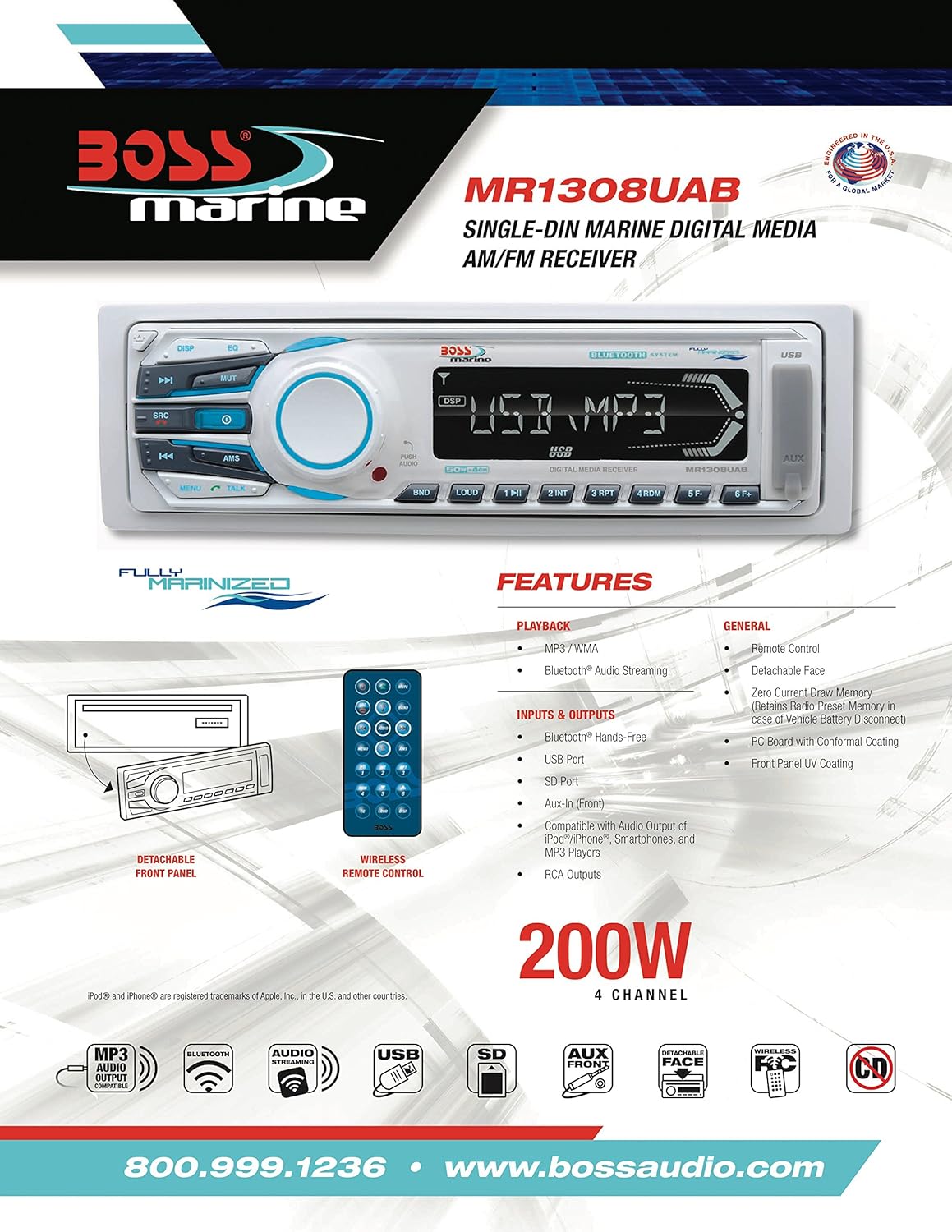Marine Receiver, Bluetooth Audio, USB, MP3, AM/FM, White, Pack of 2 E976