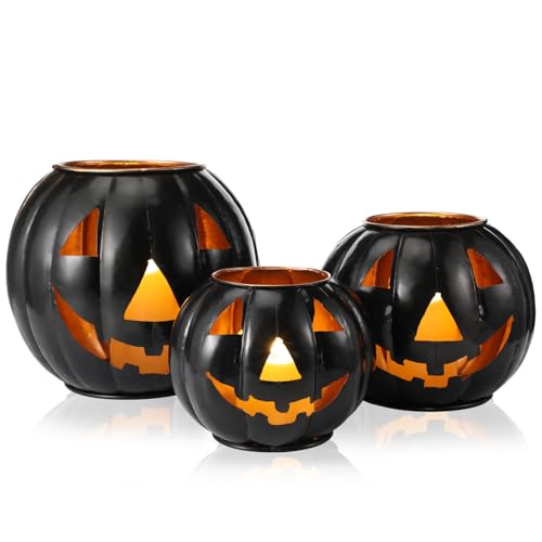3 Sets Halloween Metal Jack O Lanterns Pumpkin with 3 LED Candles with Black Creepy Cloth Decoration Bundle L45567