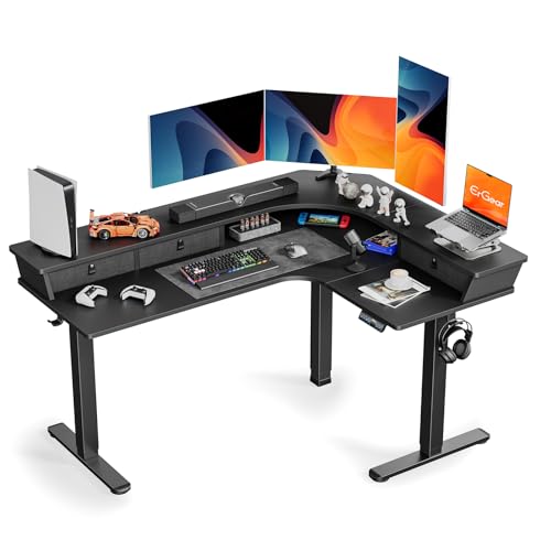 Electric L Shaped Standing Desk, 65'' Height Adjustable Corner Desk with Storage Drawers, Black O855323