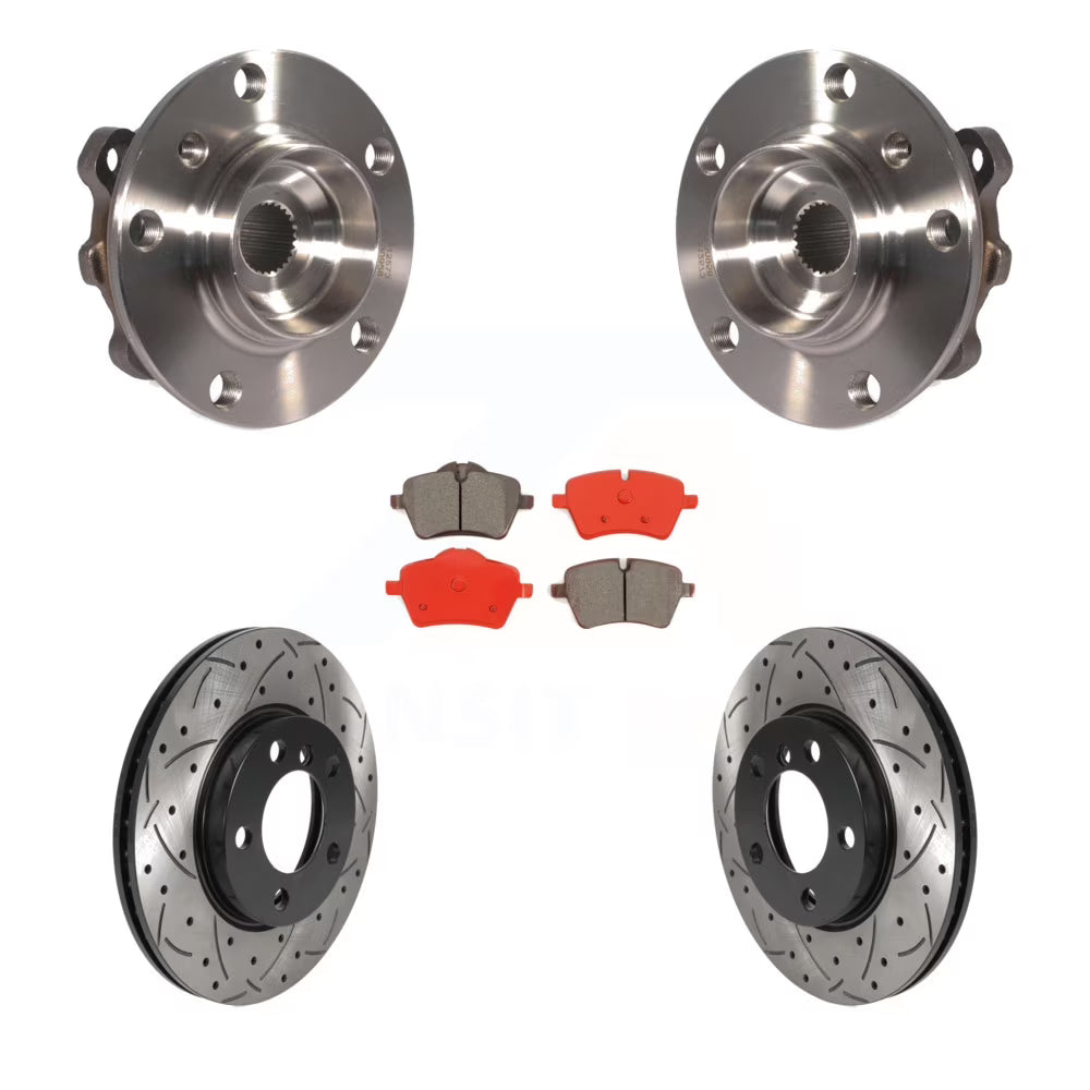Front Hub Bearing Assembly With Coated Drilled Slotted Disc Brake Rotors And Semi-Metallic Pads Kit W753