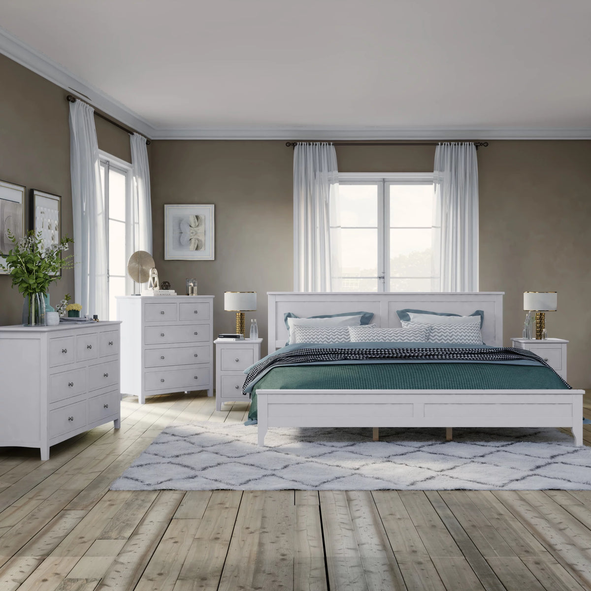 White Solid Wood 5 Pieces King Bedroom Set S953