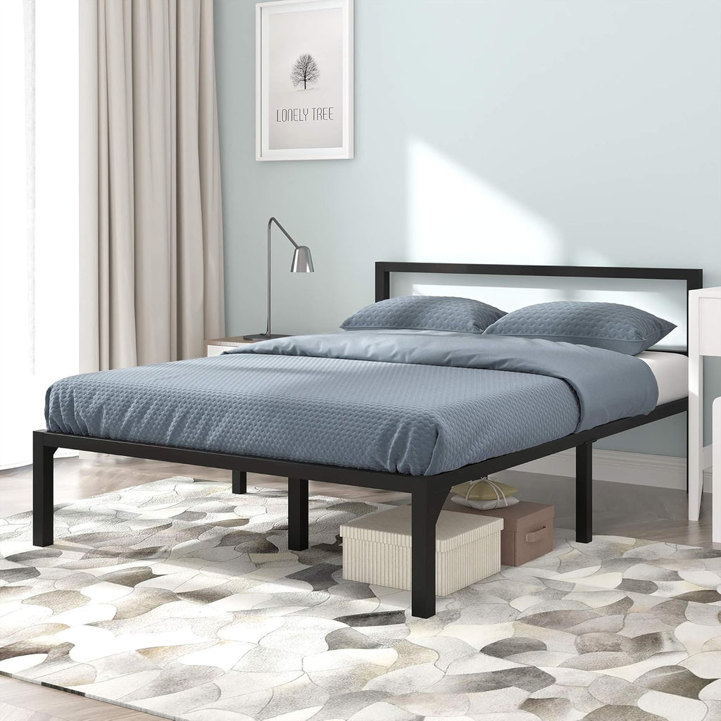 Full Size Black Metal Platform Bed Frame with Headboard Y89521