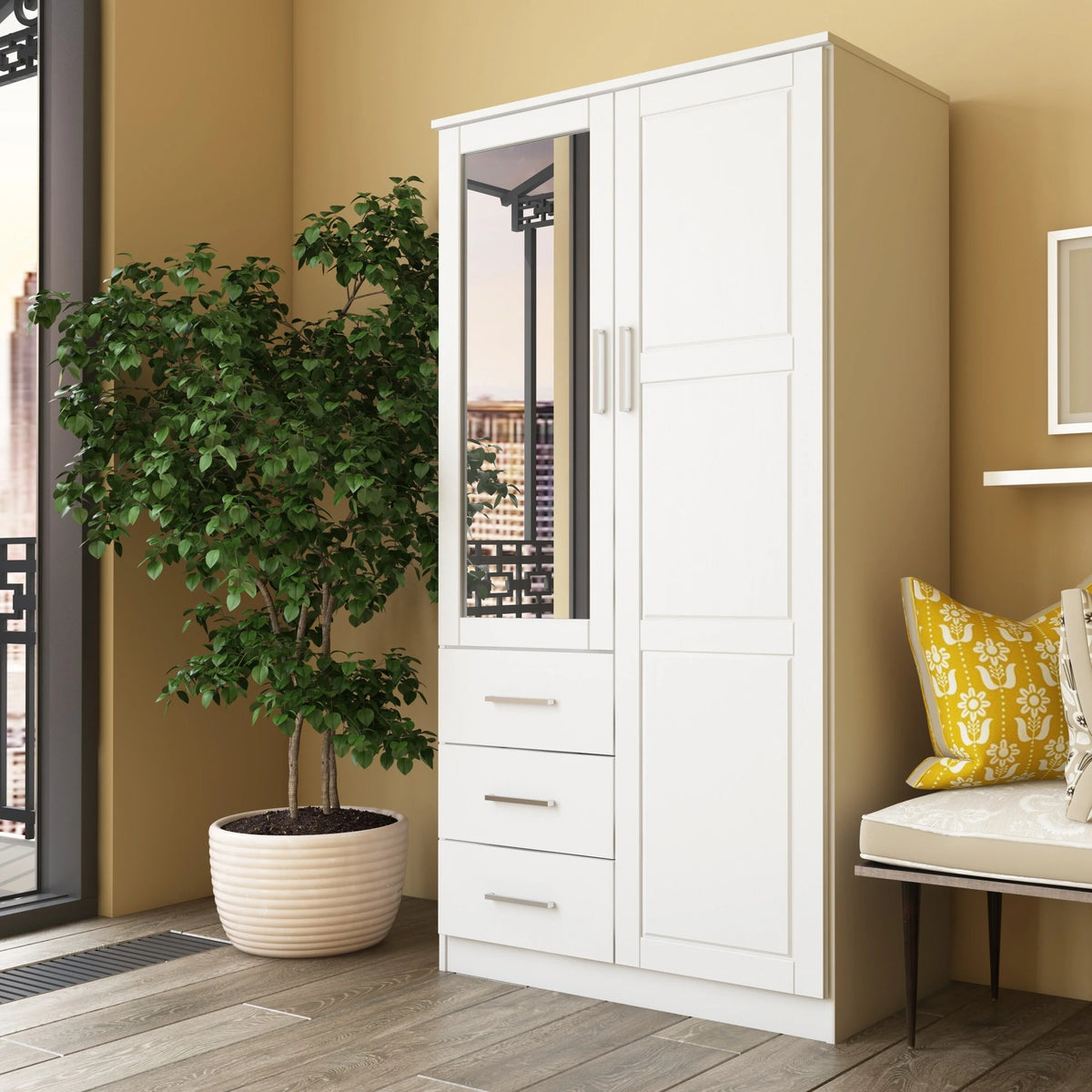100% Solid Wood Wardrobe Armoire with Mirrored Doors White E11539