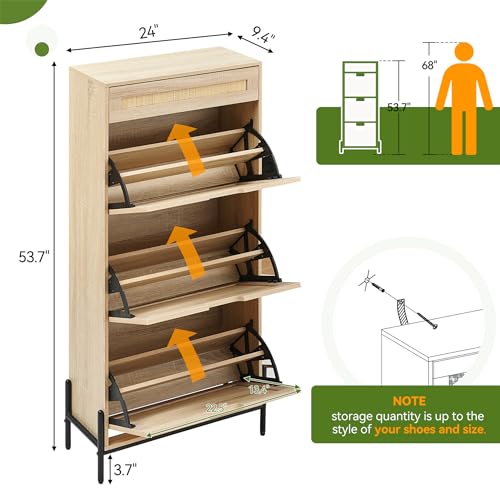 Oak Rattan Shoe Storage Cabinet with 3 Flip Door and 1 Drawer K63178