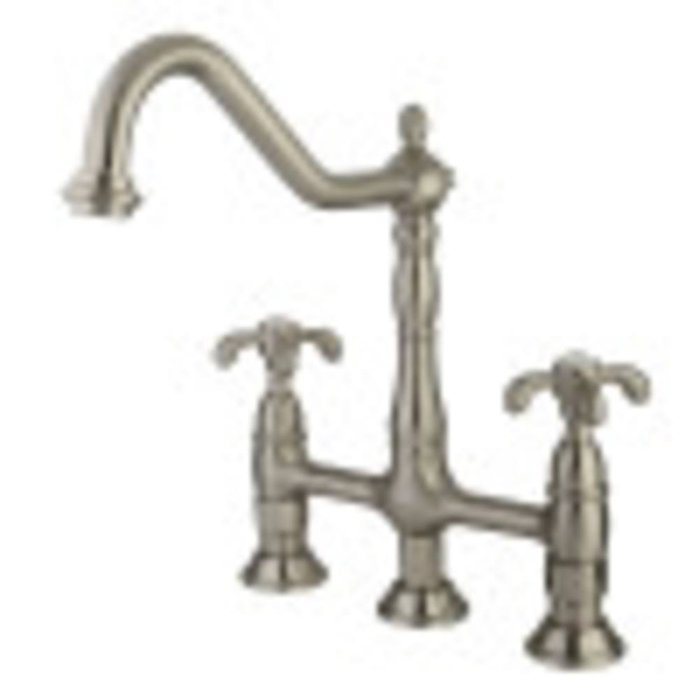 Satin Nickel Double Handle Kitchen Faucet with White Sprayer A740142