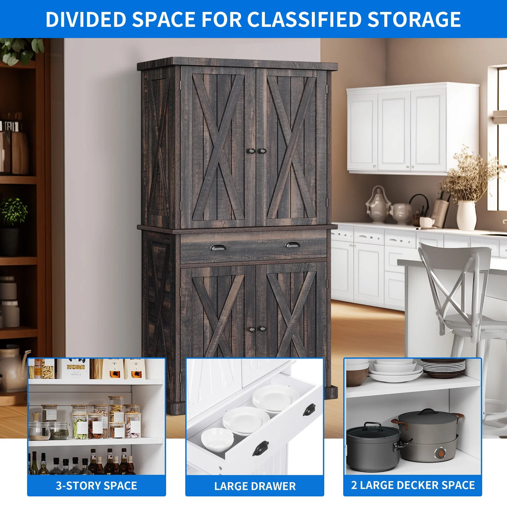 72" 4 Door 6-Tier Rustic Oak Kitchen Pantry Storage Cabinet Z31013