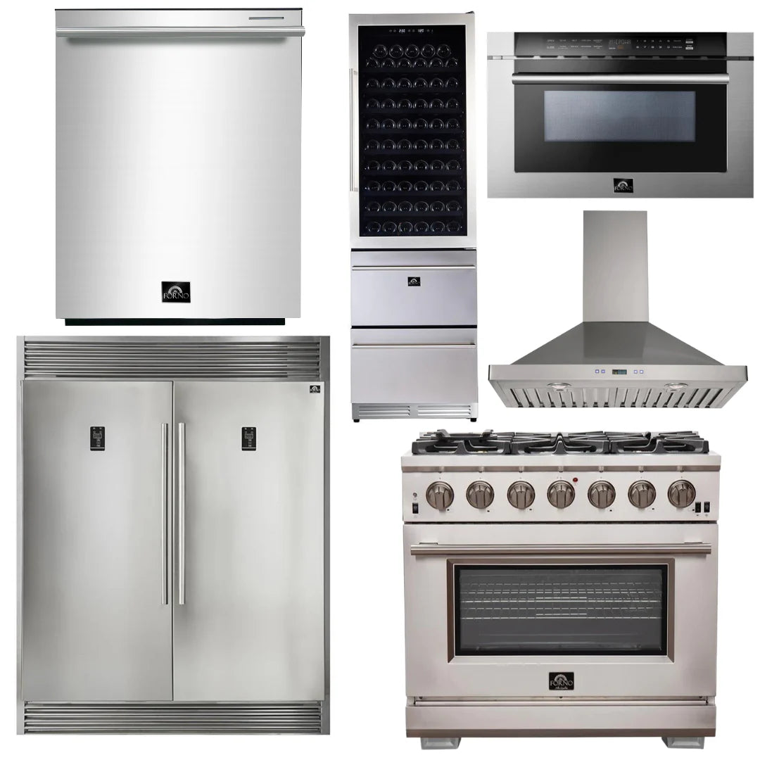 36 Inch Pro Gas Range, Range Hood, Refrigerator, Microwave Drawer, Dishwasher, Wine Cooler Y697681