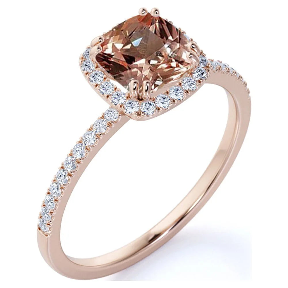 1.75 Carat Cushion Cut created morganite Halo Engagement Ring in 18k Rose Gold over Silver V379