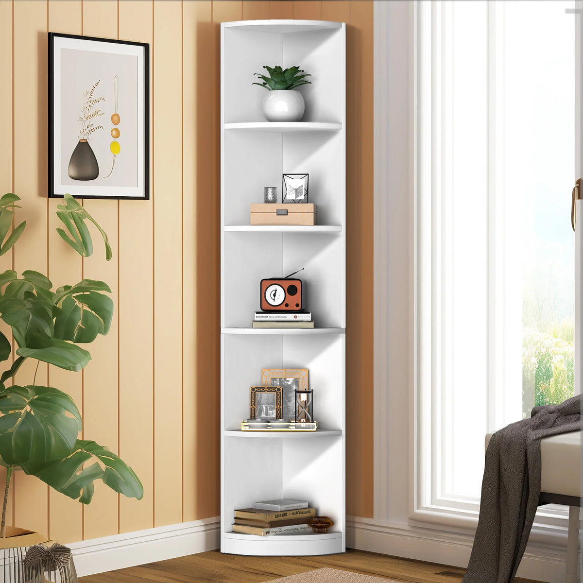 5 Tier White Corner Bookcase D269