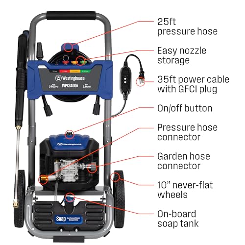 Electric Pressure Washer, 3400 Max PSI, 2.0 Max GPM, Brushless Motor, Onboard Soap Tank, Spray Gun and Wand, 5 Nozzle Set H56735