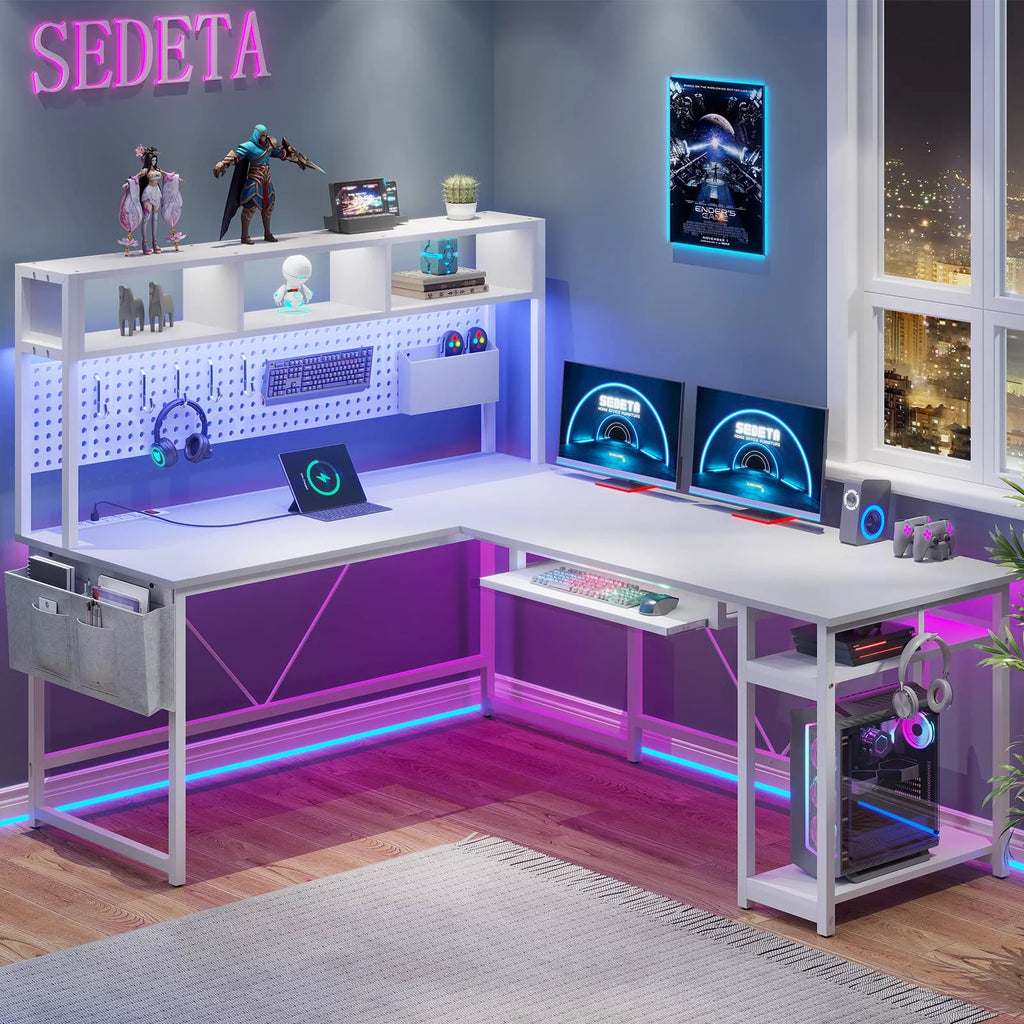 L Shaped Gaming Desk with LED Light and Power Outlet, White G699788