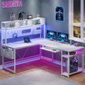 L Shaped Gaming Desk with LED Light and Power Outlet, White G699788