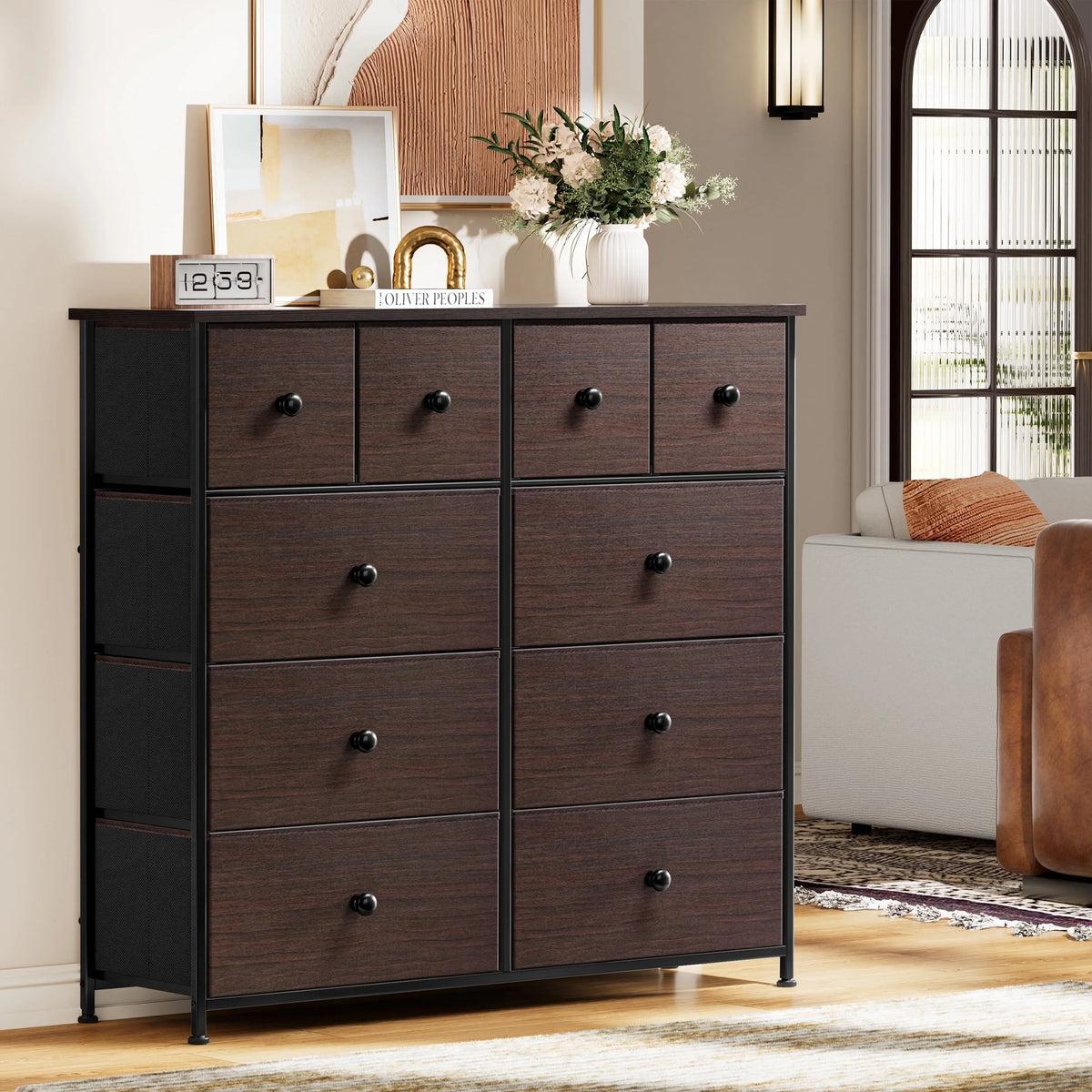 10 Drawer Fabric Dresser with Wood Top D4698