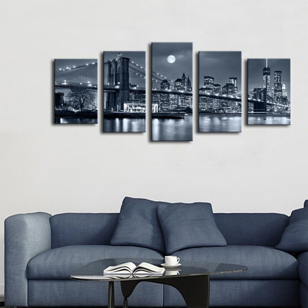 Black and White 5 Pc Framed Canvas Cityscape Wall Art G913354