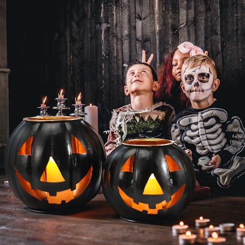 3 Sets Halloween Metal Jack O Lanterns Pumpkin with 3 LED Candles with Black Creepy Cloth Decoration Bundle L45567