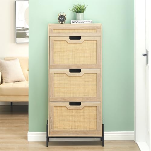 Oak Rattan Shoe Storage Cabinet with 3 Flip Door and 1 Drawer K63178