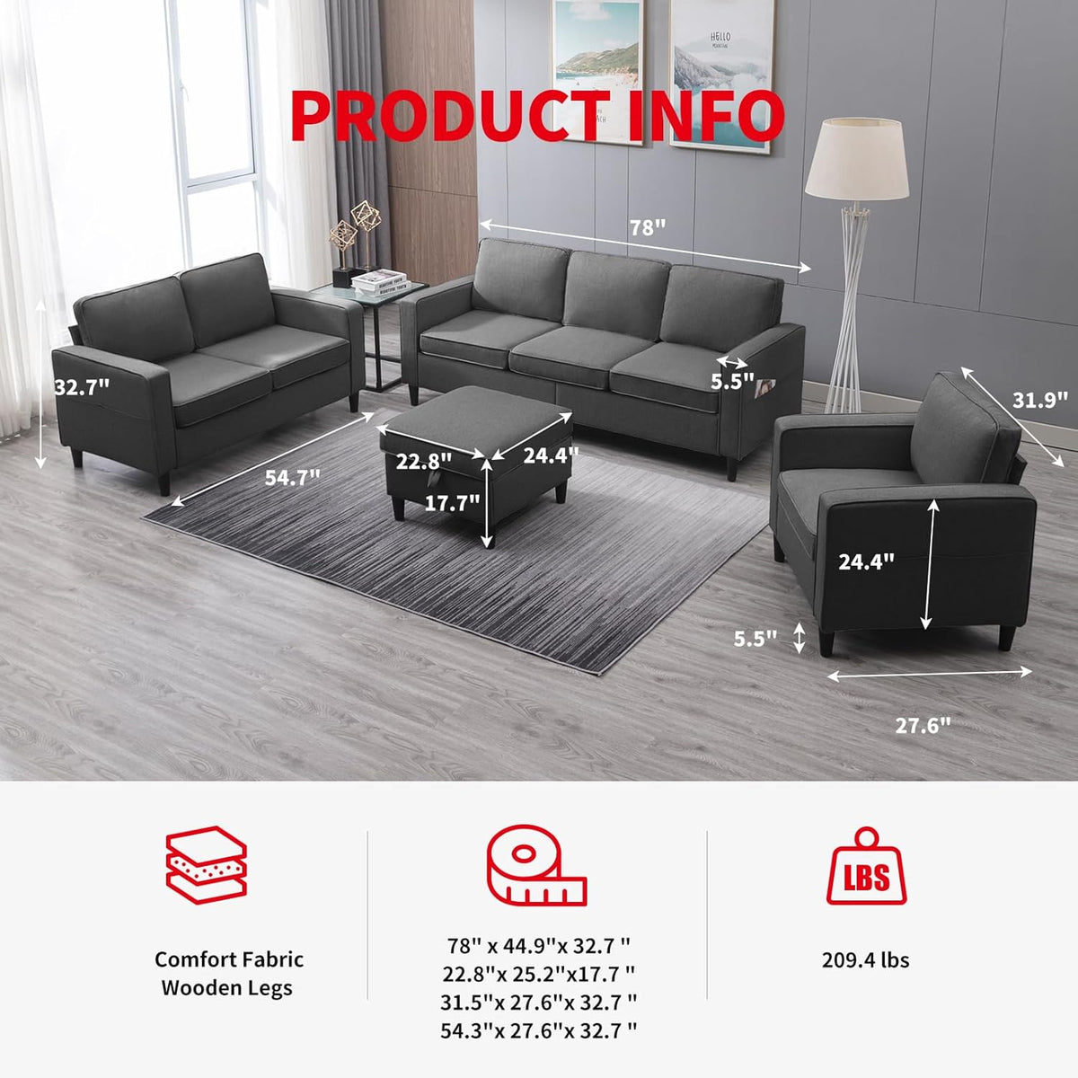 3 Piece Modular Sectional Sofa Set with Storage Ottoman (Dark Gray) S25563