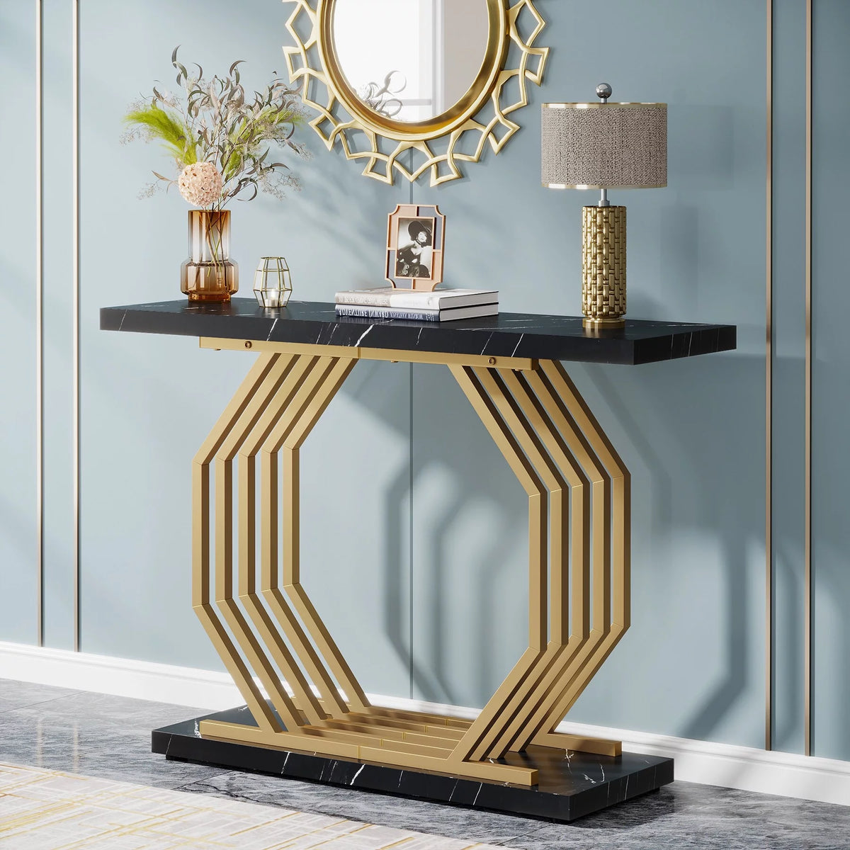 Gold Console Table with Geometric Metal Base J9802