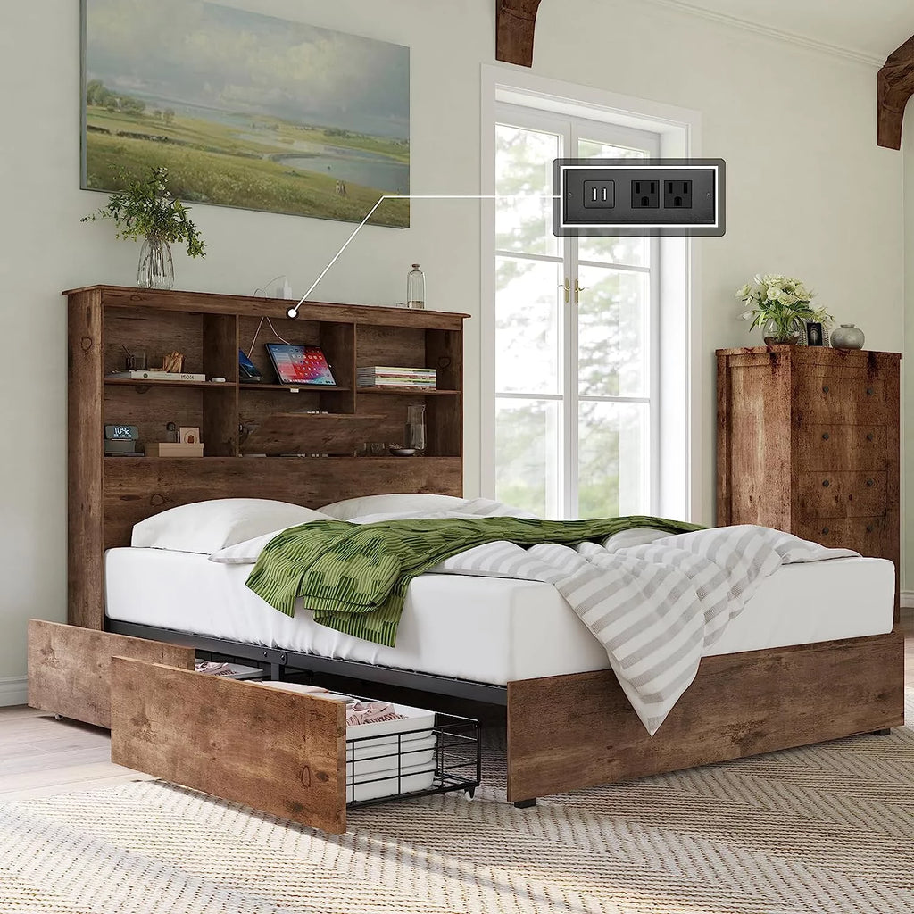 Full Size Wooden Platform Bed with Storage Bookcase Headboard I70341