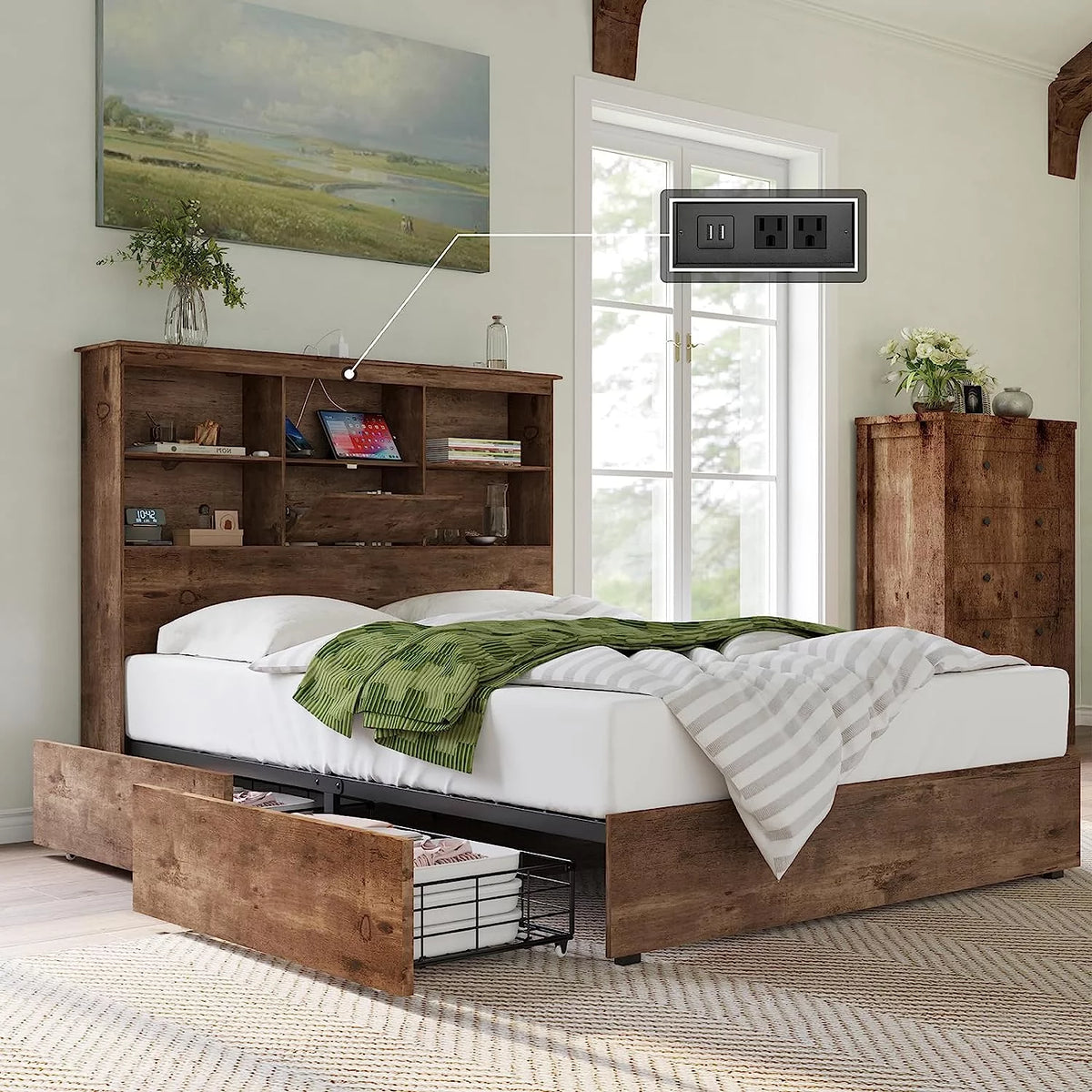 Full Size Wooden Platform Bed with Storage Bookcase Headboard I70341