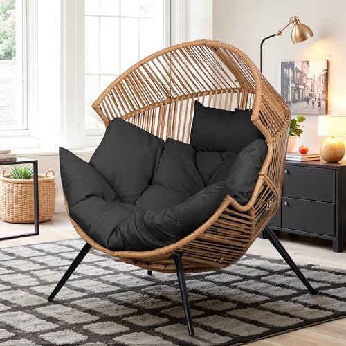 Oversized Beige Wicker Egg Chair with Cushion A403789