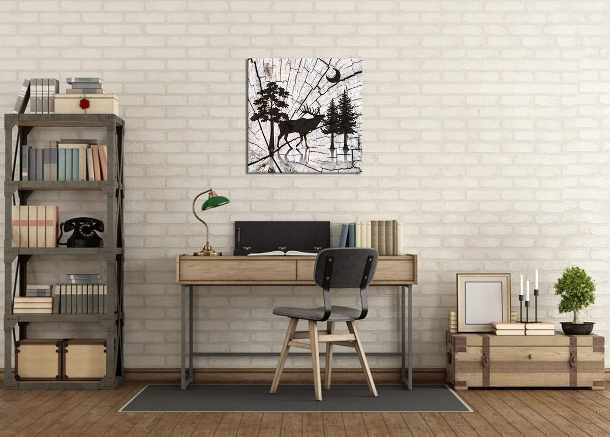 Deer in Forest Canvas Print Black Silhouette Vintage Wood Style Stretched and Framed G368
