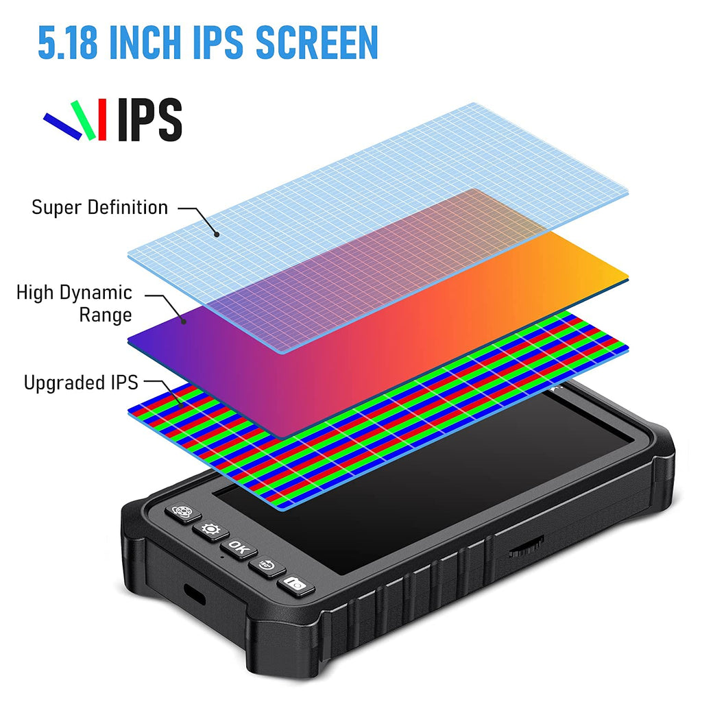 Dual Lens Endoscope Camera 1080P 5.18 IPS Screen 5mm IP67 Waterproof Snake Camera with 7 LED Lights 32GB Card 16.5FT T873847
