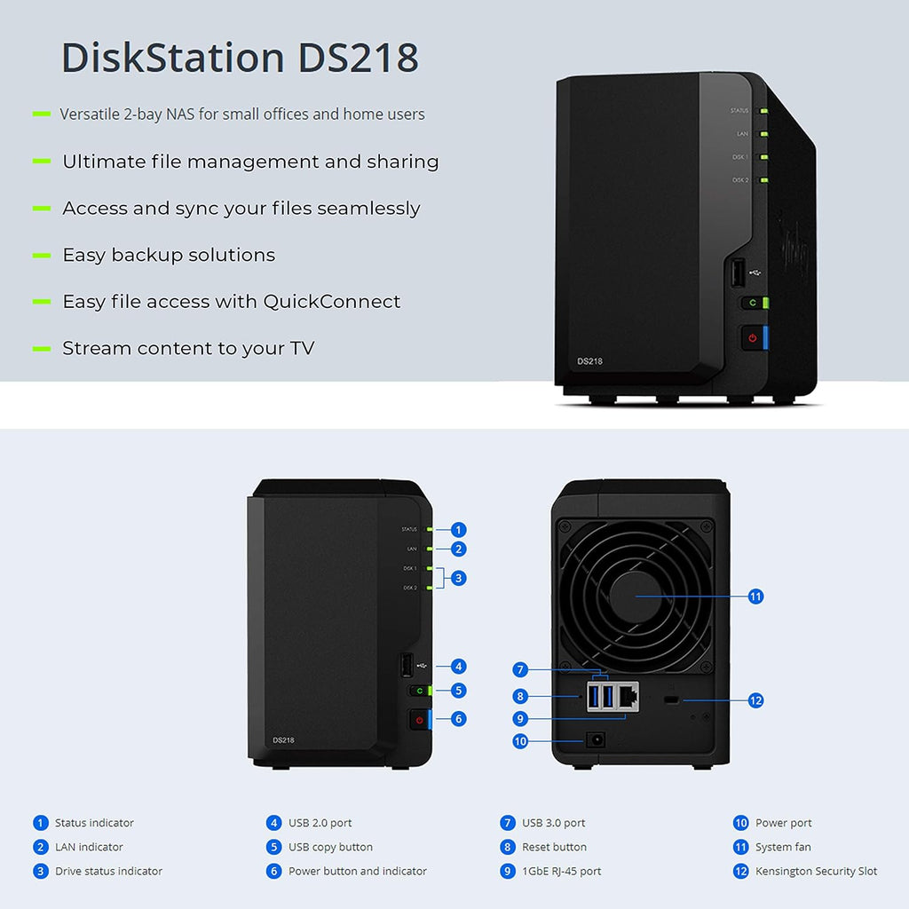 2 Bay NAS DiskStation DS218 Diskless with 2 WD Red Pro 4TB Hard Drives 7200 Class J1210