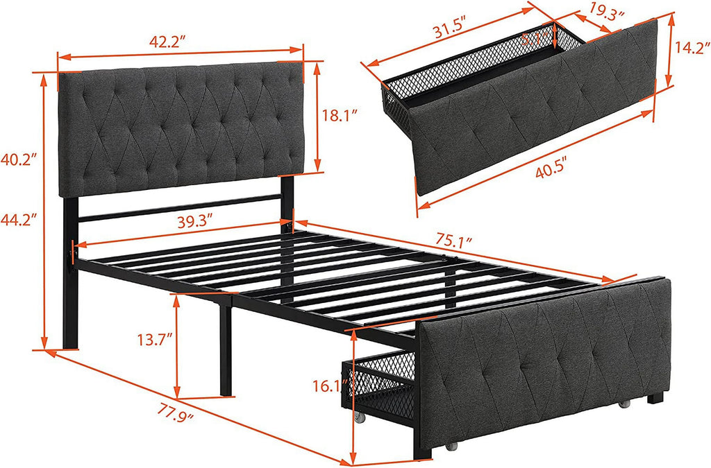 Metal Platform Bed Frame with Upholstered Headboard and Storage Drawer H6861